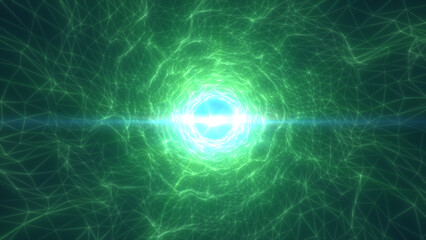 Green digital tunnel vortex formed by interconnected wireframe mesh lines and glowing energy center