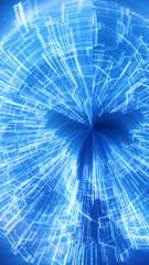 Futuristic blue tunnel of glowing rectangles and triangular particles radiating light