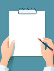 Person is holding pen and preparing to write on blank clipboard, conveying sense of creativity and readiness