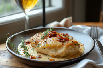 Chicken in creamy sun-dried tomato sauce, elegant dinner plating
