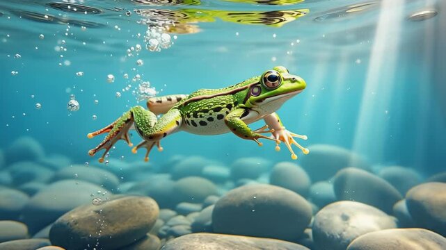 Frog Swimming Underwater in Clear Freshwater