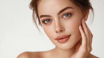 Fototapeta premium A close-up portrait of a young woman with natural makeup, showcasing her serene expression and glowing skin.