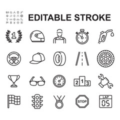 Set of car and motorcycle racing icons. Simple vectors contain icons such as racing flags, trophies, podiums and more.