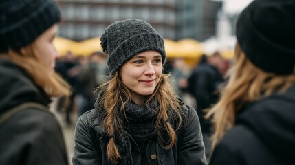 Fototapeta premium A young woman wearing a beanie jacket smiles while chatting with friends at an outdoor event in a bustling city.