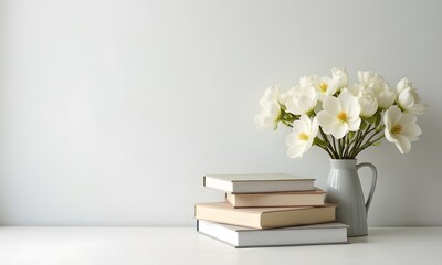 Minimalist Still Life with Books and White Flowers in Gray Vase Against Light Wall with Copy Space