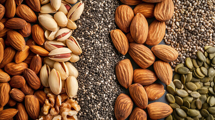 beautifully arranged flat lay of various nuts and seeds, showcasing a diverse selection of these nutritious foods. such as recipe blogs, nutrition articles, or marketing materials for health food prod