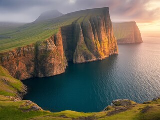 Dramatic faroe islands cliffs sunset ocean view