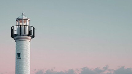 Solitary Lighthouse Tower with Black Railing and White Brick Against Pastel Sky