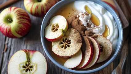 Delicious apple dessert bowl topped with yogurt and cinnamon on wooden table
