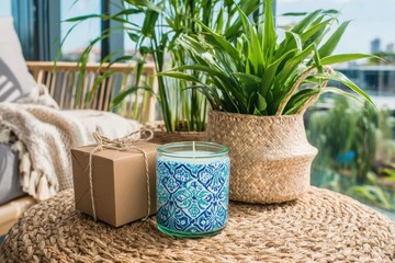 Fototapeta premium Beautiful indoor setting featuring a colorful candle beside a neatly wrapped gift on a decorative table, creating a cozy atmosphere with lush green plants in the background.