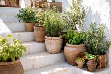 Beautifully Arranged Potted Herbs and Vegetables on White Stone Steps Surrounded by Lush Greenery in a Serene Outdoor Setting