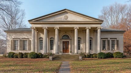 Fototapeta premium Elegant light-beige classical style house with columns and portico