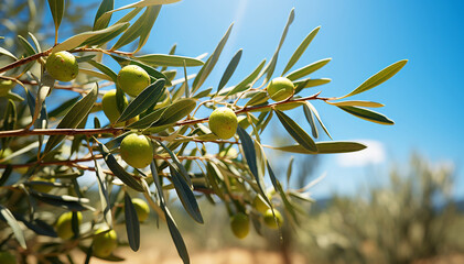 Olive branch closeup. Olive tree with many olives on plantation nature background. Natural organic food. Copy space. Banner