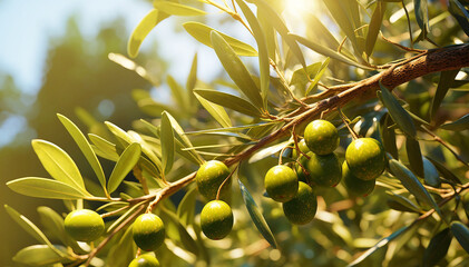 Olive branch closeup. Olive tree with many olives on plantation nature background. Natural organic food. Copy space. Banner