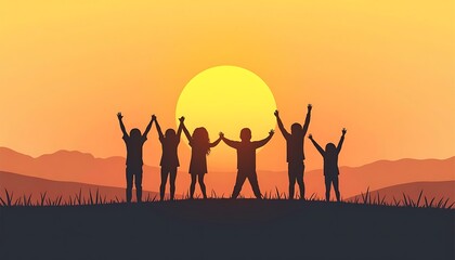 Fototapeta premium Group of People Celebrating Freedom at Sunset Scenic Landscape Backdrop