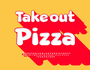 Vector Advertising poster Takeout Food. 3D Font with Big Red Shadow. Modern Alphabet Letters and Numbers set