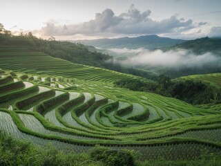 Lush green rice terraces in misty mountain valley