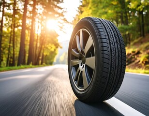 Tire on a road, sunlit forest