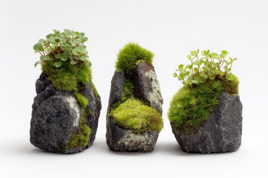 Three miniature rock gardens showcasing lush moss and small plants.  Each rock structure is unique with varied textures and levels of moss coverage, creating a tranquil miniature landscape