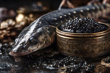 Fresh black caviar and sturgeon lying on dark background