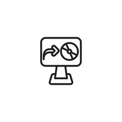 A black outline icon of a computer monitor displaying a steering wheel and a right-pointing curved arrow, suggesting a simulator, driving games, or control interface.