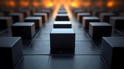 Obraz premium A modern perspective on cubes in a row, with an orange glow in the distance.