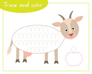 Trace and color goat. Connect the lines. Hand Trainer. Recipe for children.