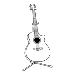 Naklejka premium Acoustic Guitar Line Art on Stand. Black and White Music Instrument Illustration