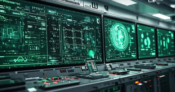 An image featuring a control room with multiple display screens, showcasing a futuristic digital interface and a technological, advanced atmosphere