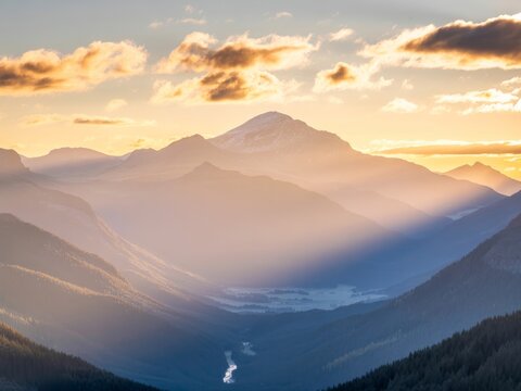 Majestic mountain range golden hour sunrise landscape - Powered by Adobe