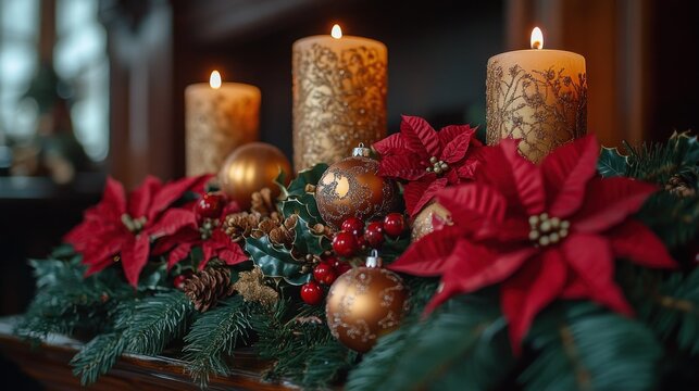 Festive Christmas centerpiece with candles and poinsettias