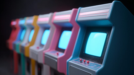 This image showcases a row of classic arcade machines, brightly lit and ready for play. These retro entertainment systems evoke a sense of nostalgia, featuring screens displaying various video games.