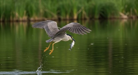 A heron midflight above water grasping a fish in its beak with outstretched wings and visible water splash