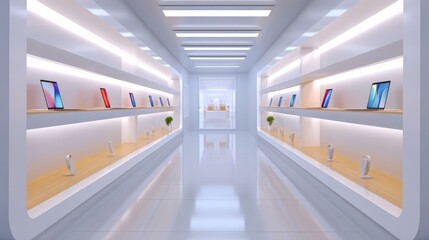 Fototapeta premium Modern Technology Store Interior Featuring Neatly Arranged Laptops and Mobile Devices with Bright Lighting