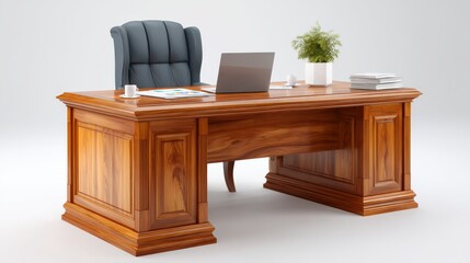 3D Rendered Private Banking Office Featuring A Large Wooden Desk With Laptop And Decorative Plant