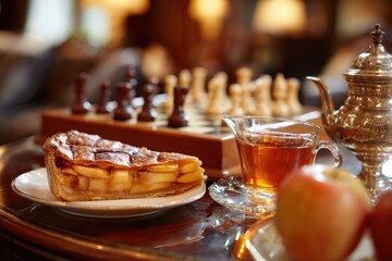 Cozy Afternoon Tea with Homemade Apple Pie, Chess Game, and Tea Set in an Elegant Setting with Warm Lighting