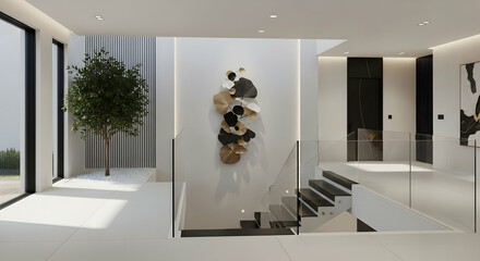 Modern Interior Design With Tree Indoor And Stylish Decoration On Wall