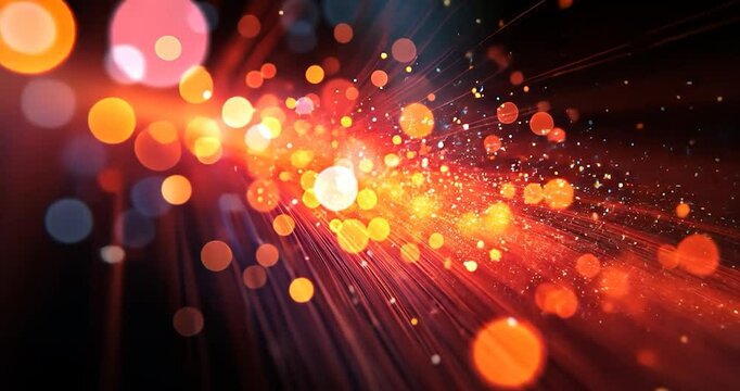 Abstract bokeh of orange and red, particle explosion with illuminated rays, bright background, red and orange bokeh, glowing dots, and light burst on dark background