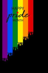 Happy pride month flag poster design for celebration of LGBT rights and parades with rainbow colors. Colorful banner template. Vector isolated on black background with copy space for your text