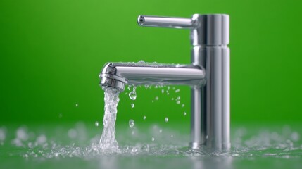 Chrome Faucet with Running Water and Suspended Droplets Against a Vibrant Green Background