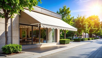 Light Filled Store Front With Awning And Patio Seating