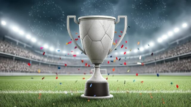 Silver trophy stands on a green stadium lawn with fireworks and falling confetti in the background. Symbol of triumph and victory in a sports championship or tournament final.
