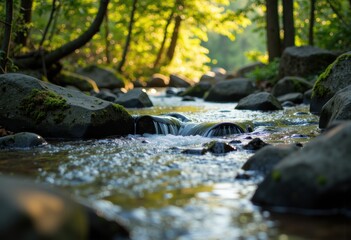 Fototapeta premium Tranquil stream flowing through a lush green forest with smooth rocks