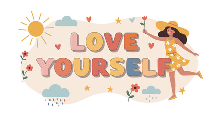 Happy girl dancing with flowers in sunny illustration for self-love,  Suitable for Wellness and cosmetic brands, psychologists, prints, packaging, postcards 