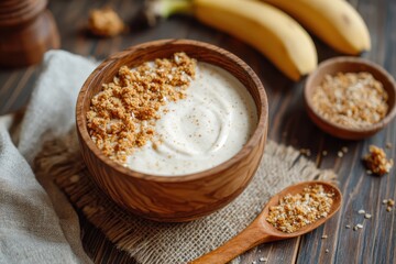 Creamy Yogurt Bowl with Crunchy Granola Topping and Fresh Bananas on a Rustic Wooden Background, Perfect for Healthy Breakfast and Snack Ideas
