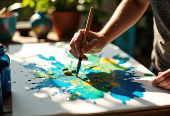 Naklejka premium Child's hand paints colorful abstract artwork on paper with a brush outdoors