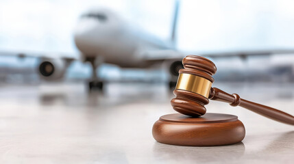Airline legal concept with gavel and airplane Wooden judge’s gavel in focus with a blurred airplane in the background, symbolizing aviation law, airline disputes, and legal issues