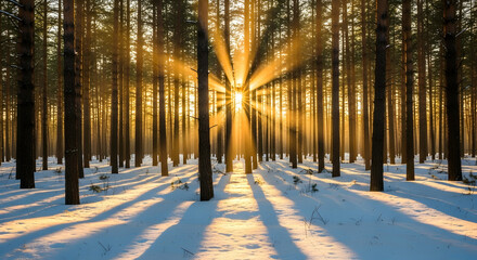 Winter Sunlight Filtering Through Tall Trees In a Snowy Forest Scene