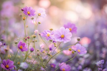 Fototapeta premium Delicate Purple Cosmos Flowers Blooming in a Dreamy Garden, Illuminated by Soft Natural Light During Springtime, Creating a Serene Atmosphere of Nature's Beauty