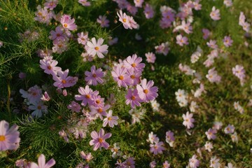 Fototapeta premium Delicate Pink and White Cosmos Flowers Blooming in a Vibrant Green Field on a Sunny Day, Exuding Beauty and Natural Serenity for Nature Lovers and Garden Enthusiasts